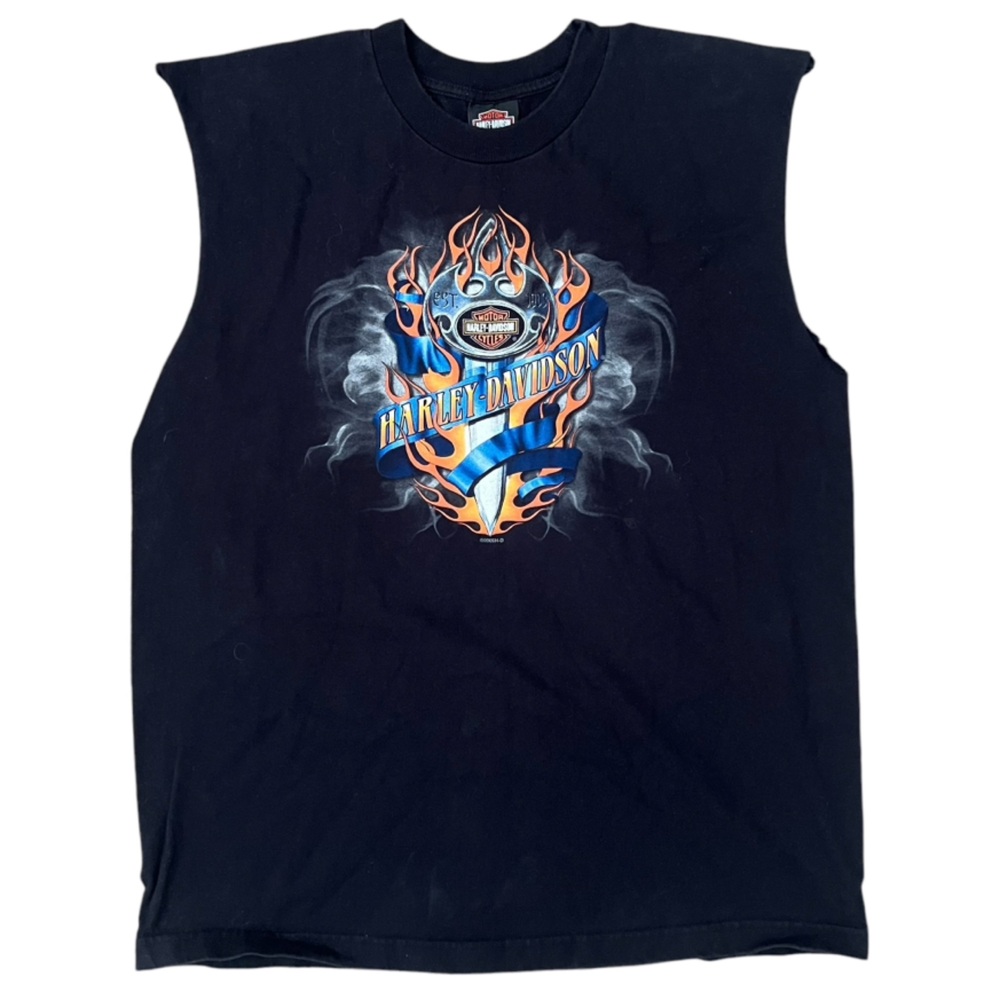 Y2K- Harley-Davidson Black Graphic Crewneck Tank Cut Off T-Shirt black XL